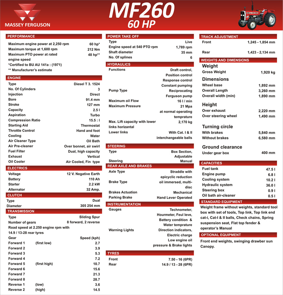 Massey Ferguson MF 260 Tractor Specifications Massey Ferguson MF 260 Tractor Specifications